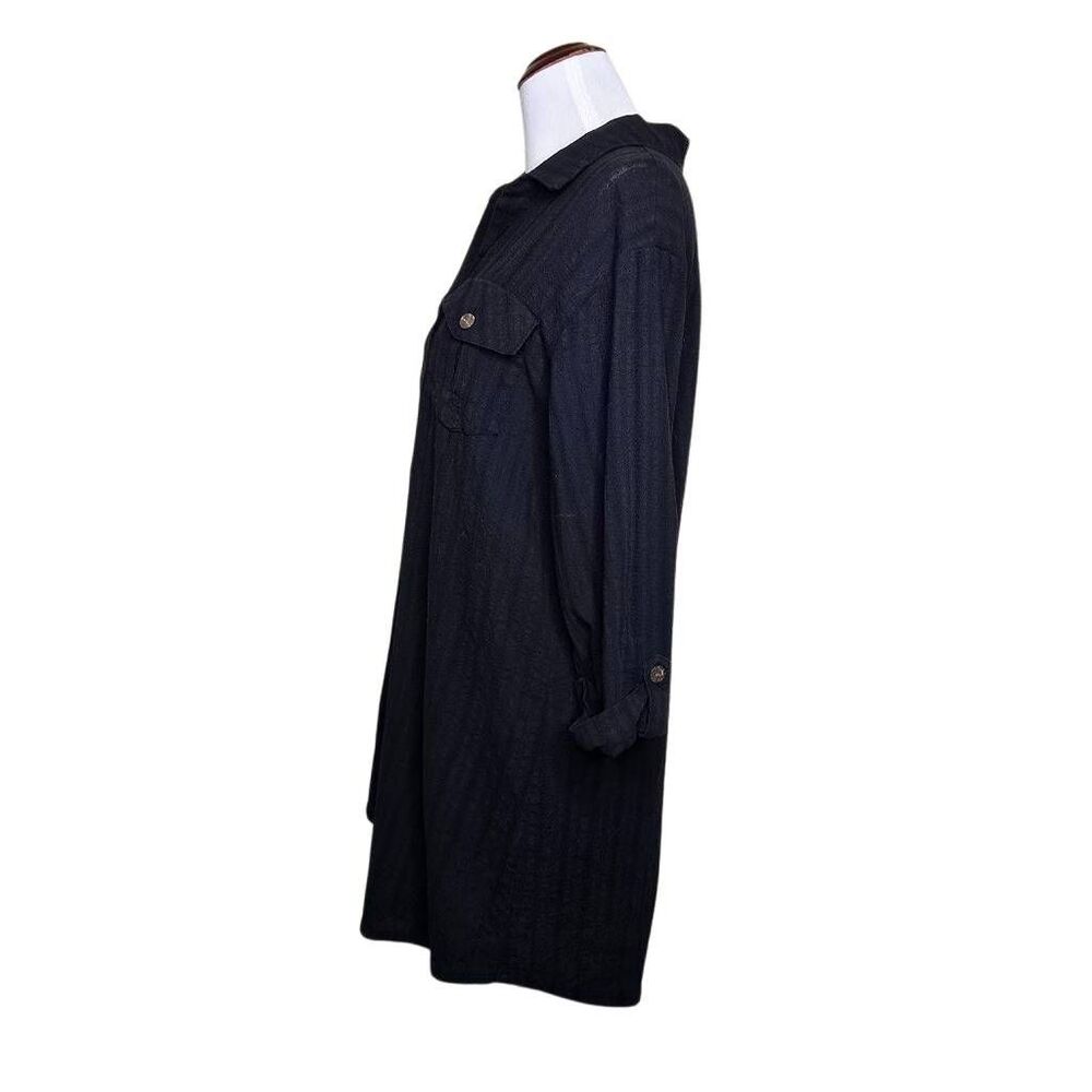 Dotti Black Subtle Stripe Roll Tab Sleeve Button Down Shirt Dress Cover Up M - Picture 5 of 9